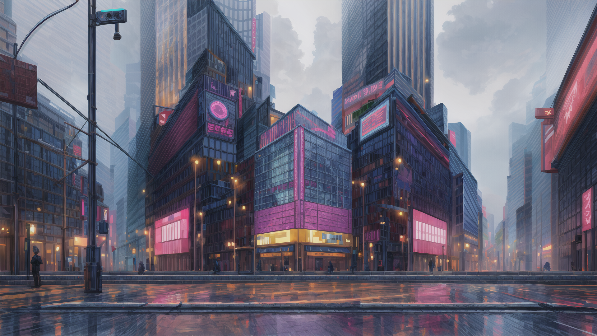 AI generated wallpaper featuring city, buildings, street, signs, skyscrapers, neon, traffic lights, people, road, reflection