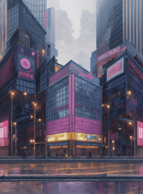 city, buildings, street, signs, skyscrapers, neon, traffic lights, people, road, reflection