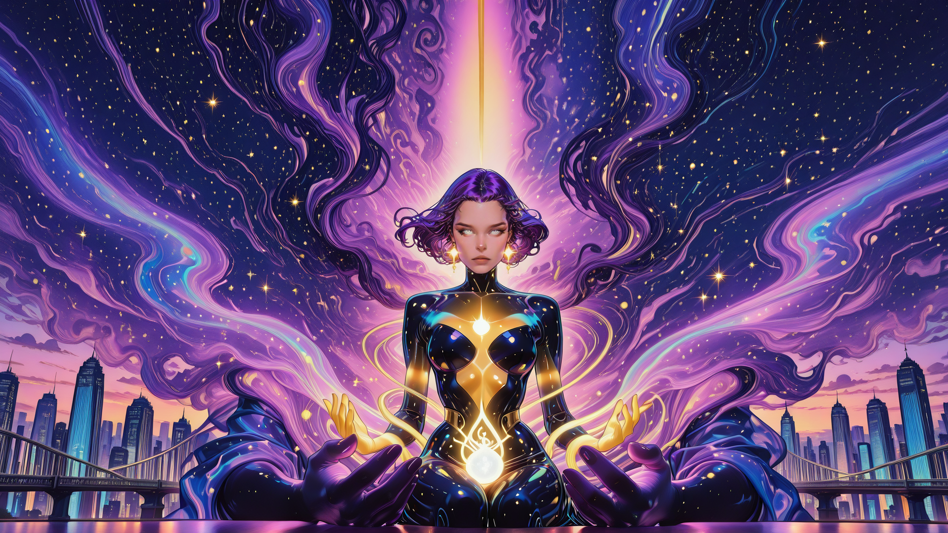 AI generated wallpaper featuring woman, cityscape, hands, light, stars, clouds, bridge, cosmic, energy, glow