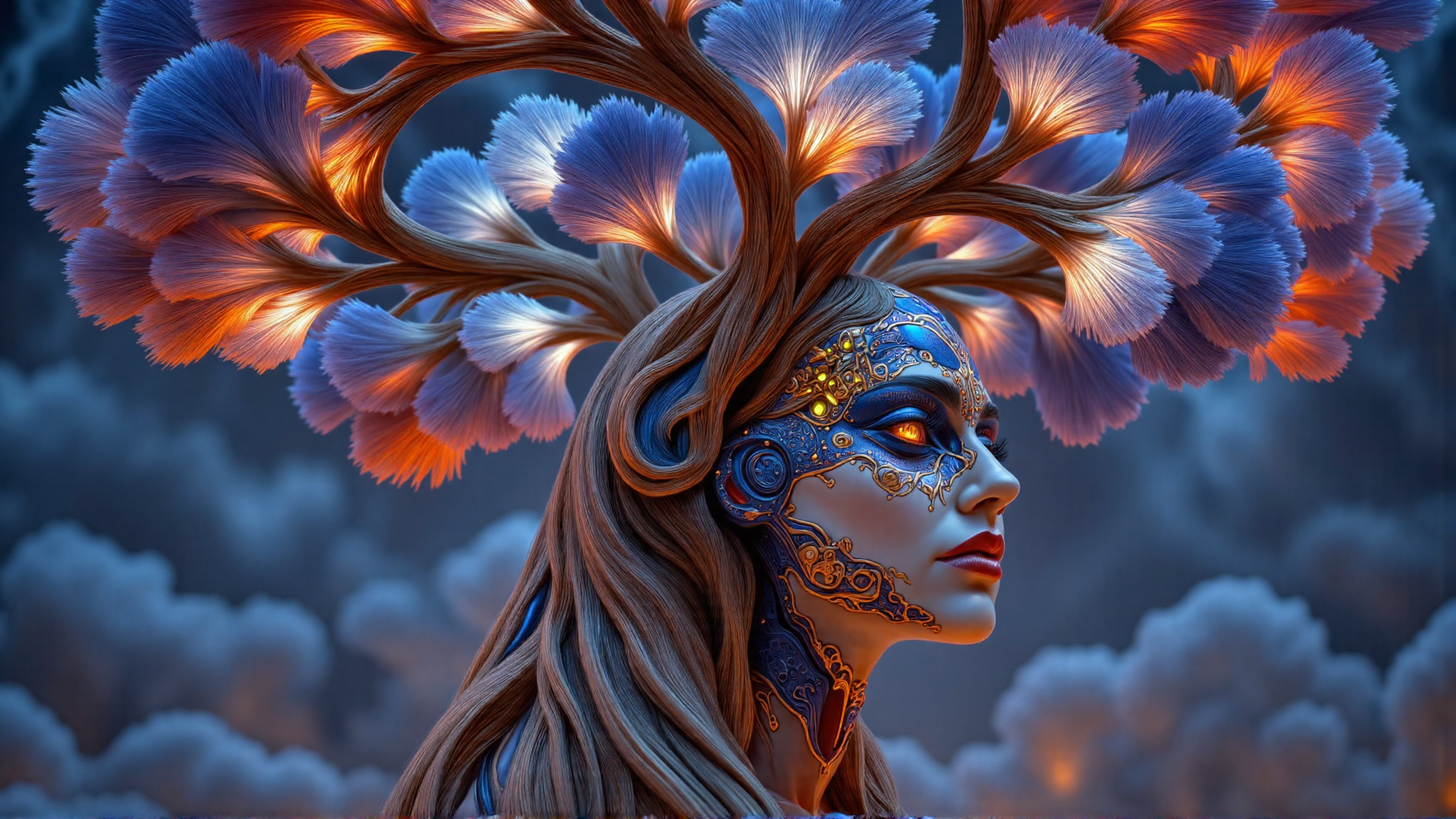 AI generated wallpaper featuring woman, tree, mask, clouds, light