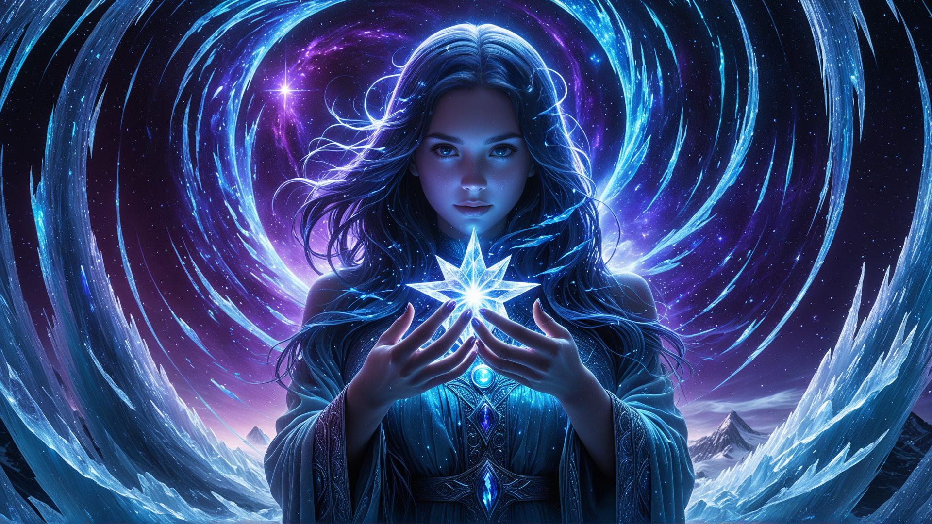AI generated wallpaper featuring woman, star, crystals
