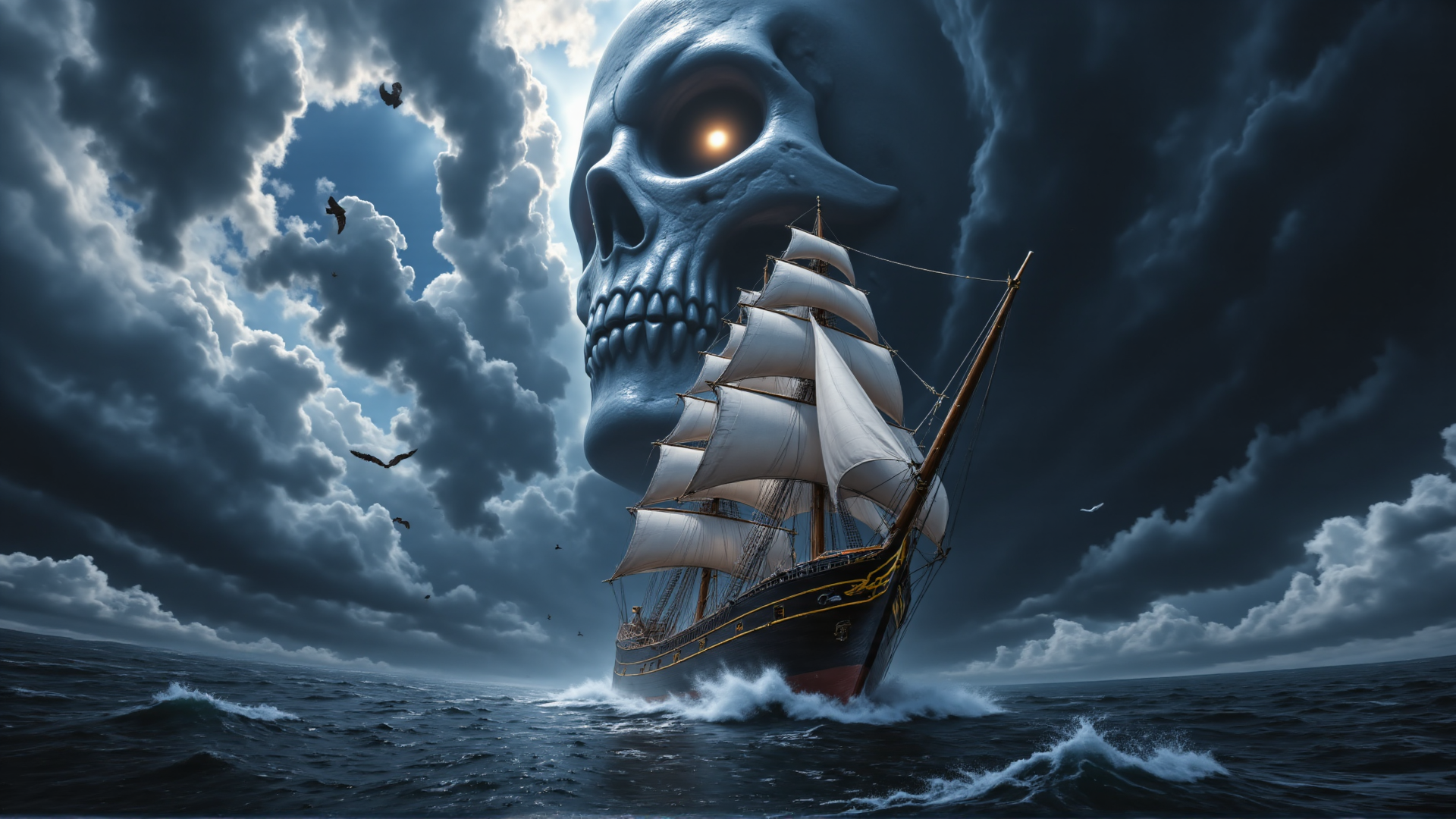 AI generated wallpaper featuring ship, skull, clouds