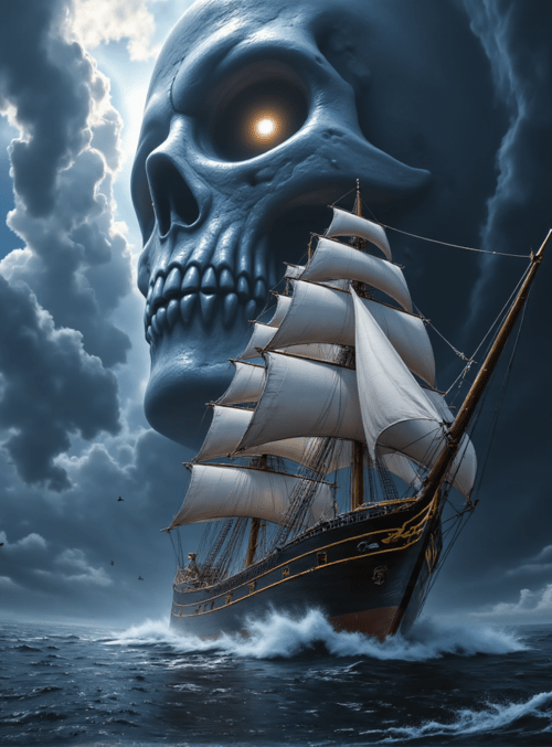 ship, skull, clouds
