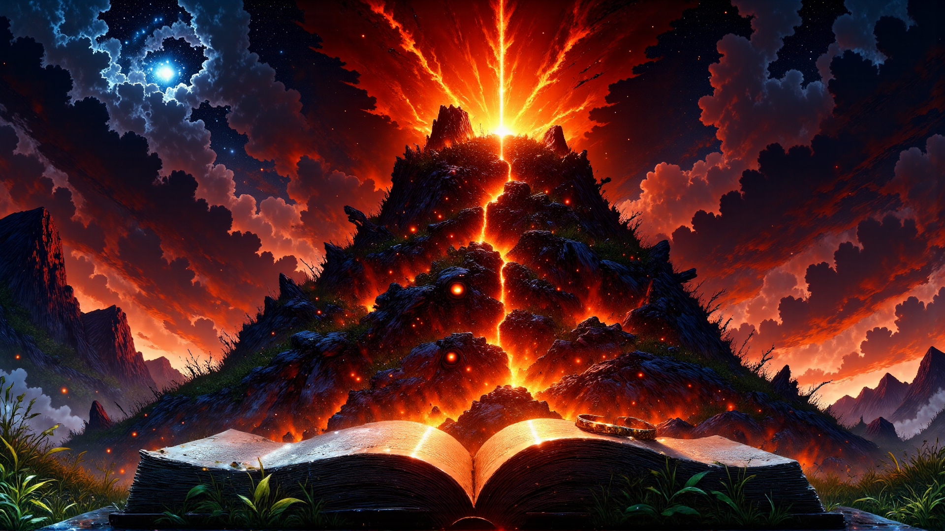 AI generated wallpaper featuring book, mountain, volcano, cloud, star, ring, grass, rock, lava, moon