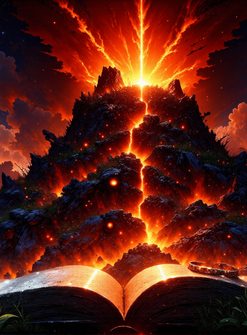 book, mountain, volcano, cloud, star, ring, grass, rock, lava, moon