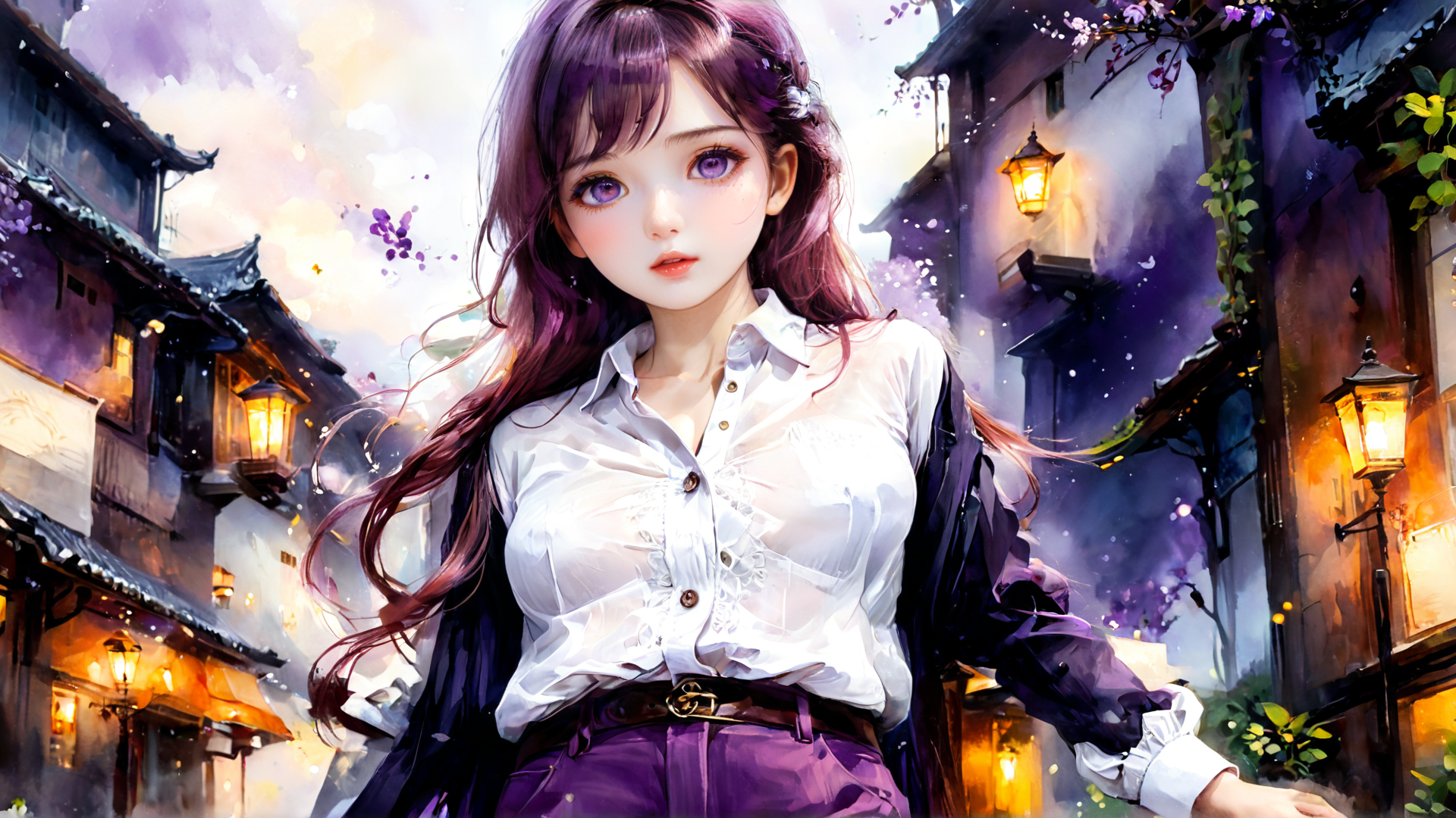 AI generated wallpaper featuring woman, street, buildings
