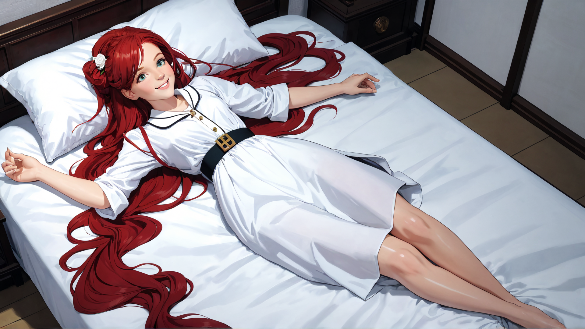 AI generated wallpaper featuring woman, bed, red hair, dress, pillow, room, sweater, braid, flower, leg