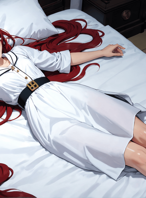 woman, bed, red hair, dress, pillow, room, sweater, braid, flower, leg