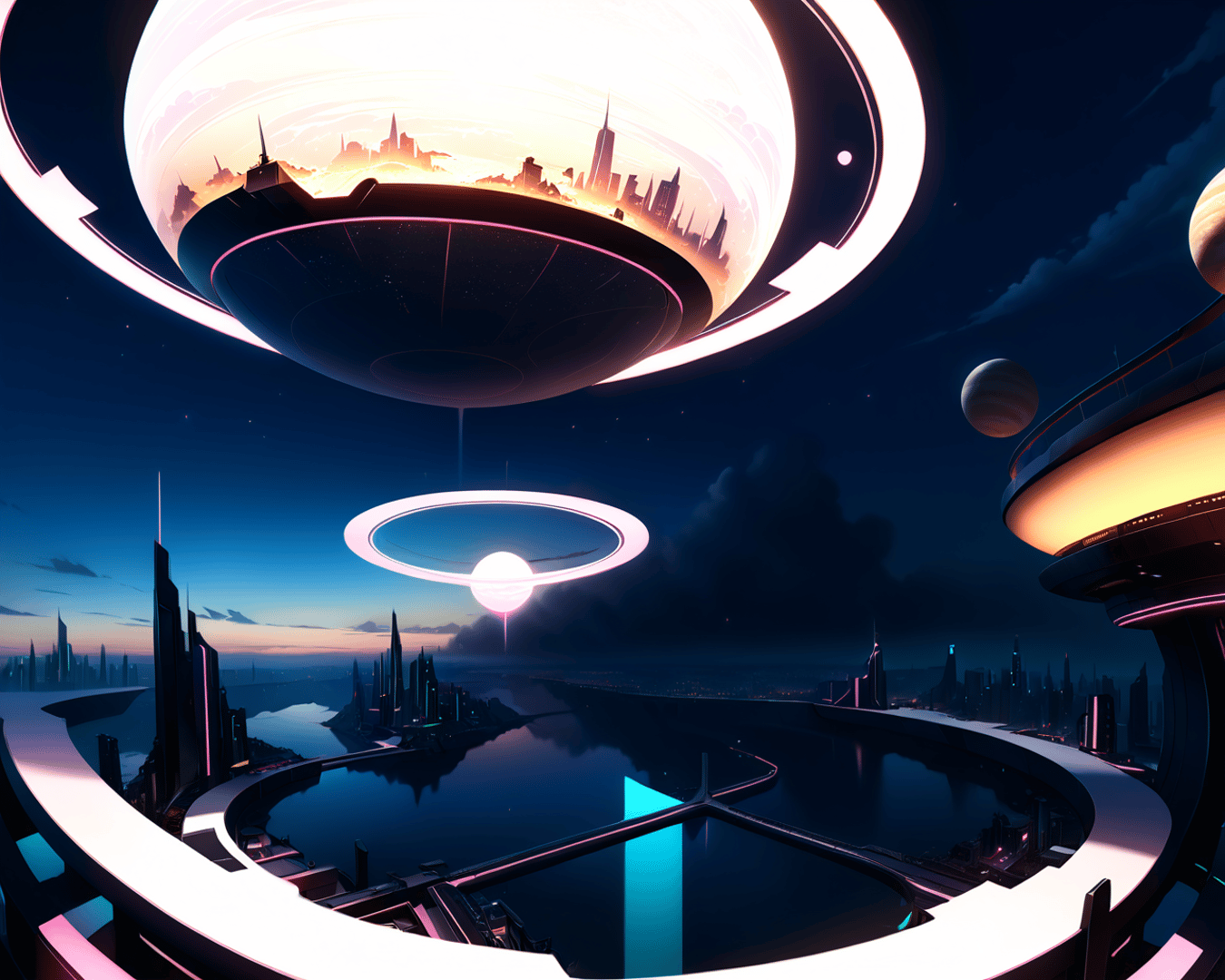 AI generated wallpaper featuring city, space station, planet