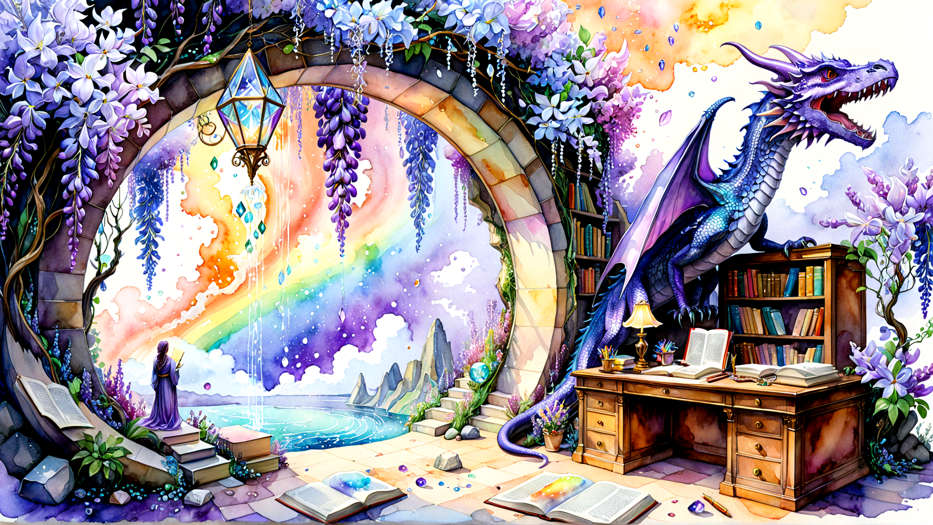 AI generated wallpaper featuring dragon, bookshelf, lantern, flowers, rainbow, book, person, desk, mountains, lamps