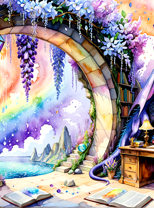 dragon, bookshelf, lantern, flowers, rainbow, book, person, desk, mountains, lamps