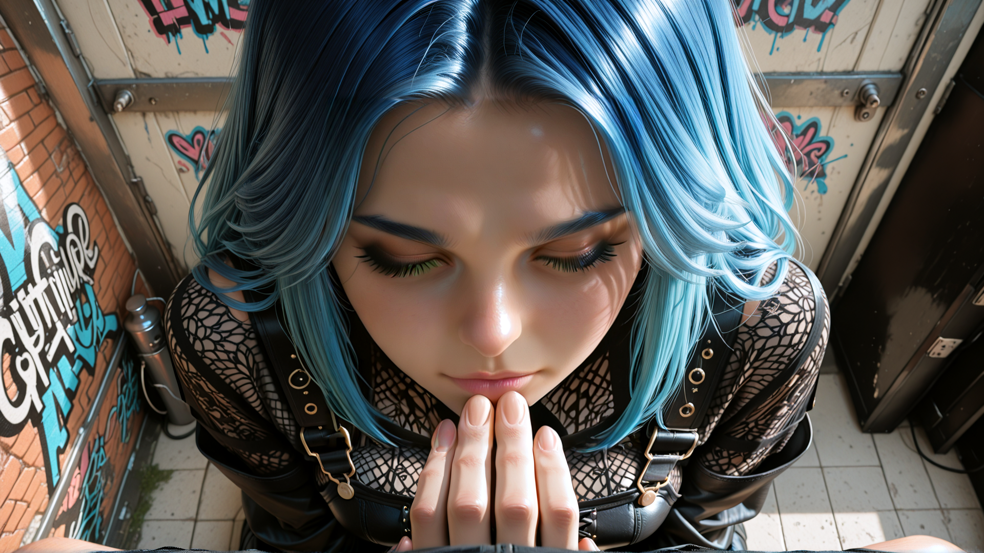 AI generated wallpaper featuring woman, graffiti, blue hair, net top, suspender