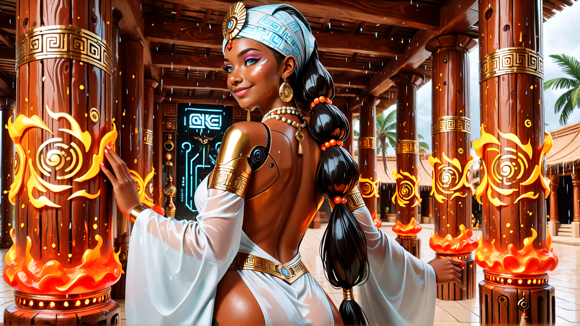 AI generated wallpaper featuring woman, columns, fire, headdress, jewelry, dress, tattoo, earrings, braid, gloves