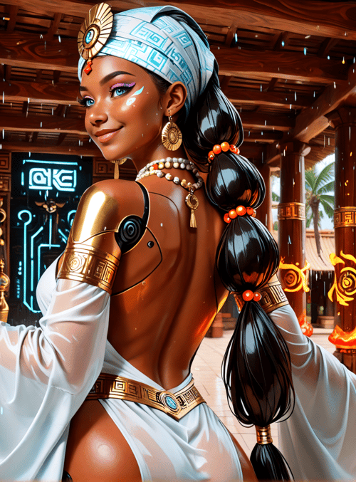 woman, columns, fire, headdress, jewelry, dress, tattoo, earrings, braid, gloves
