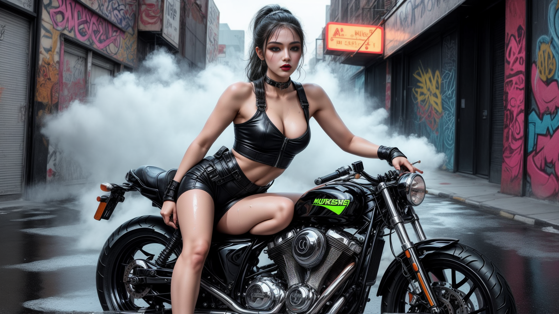 AI generated wallpaper featuring woman, motorcycle