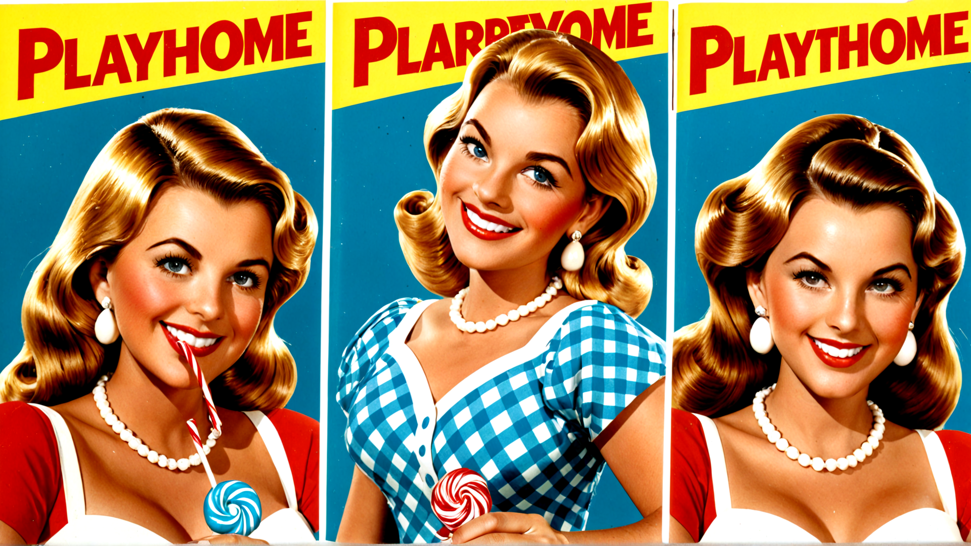 AI generated wallpaper featuring woman, lollipop, candy, pearl, necklace, dress, earring, posters, vintage, playthome