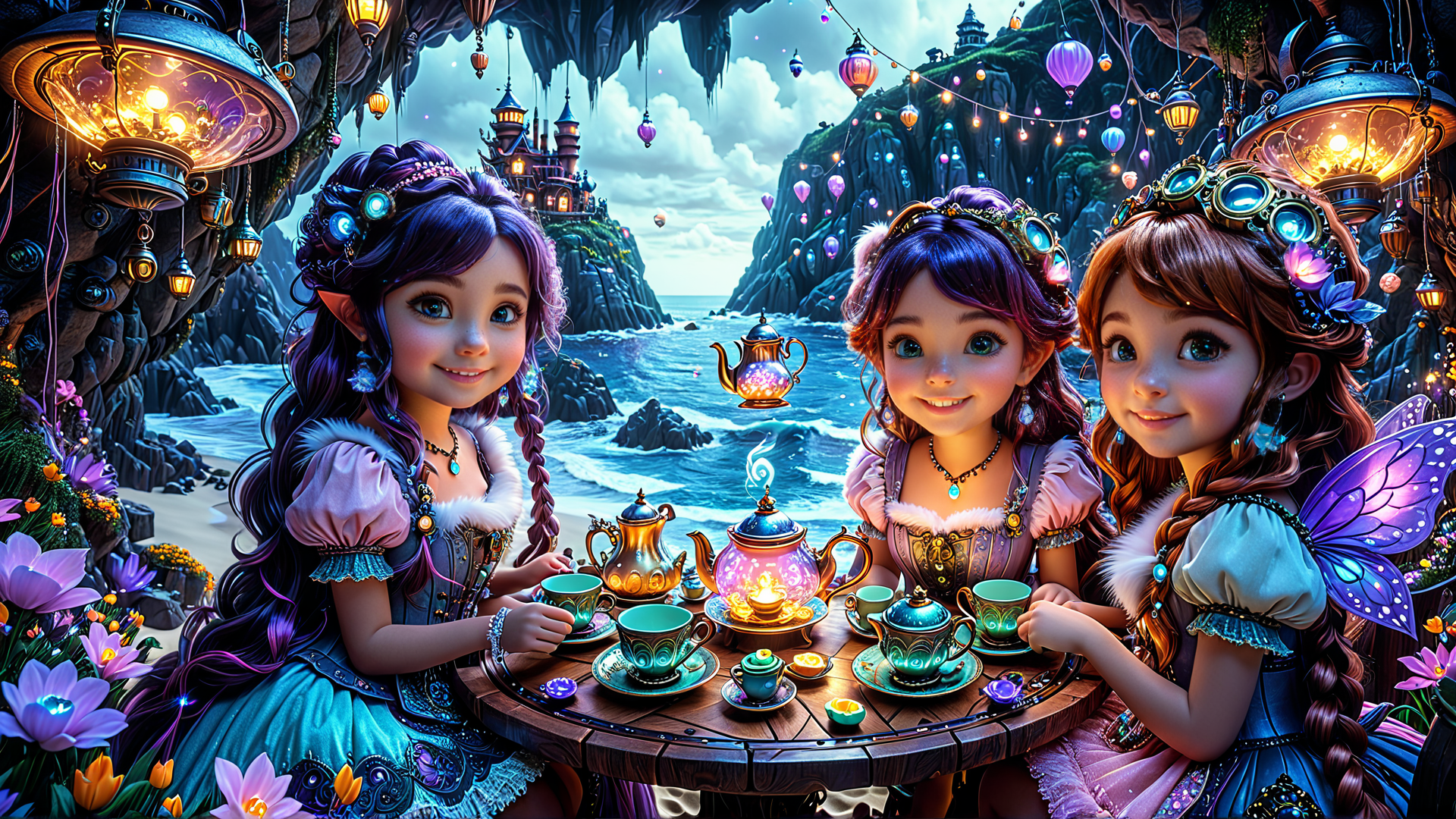 AI generated wallpaper featuring girls, fairies, teapot