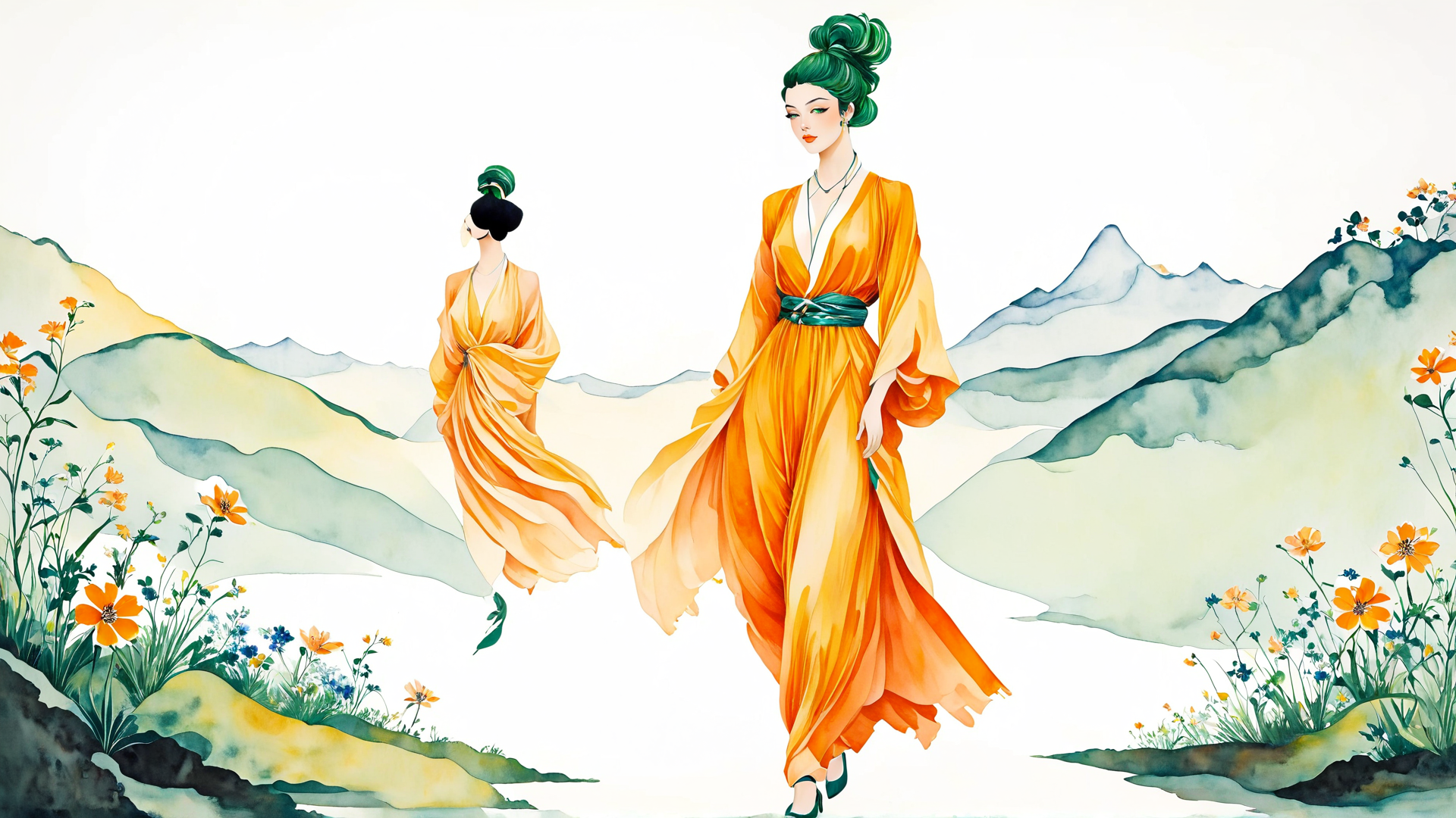 AI generated wallpaper featuring woman, dress, mountain, flower, landscape, hair