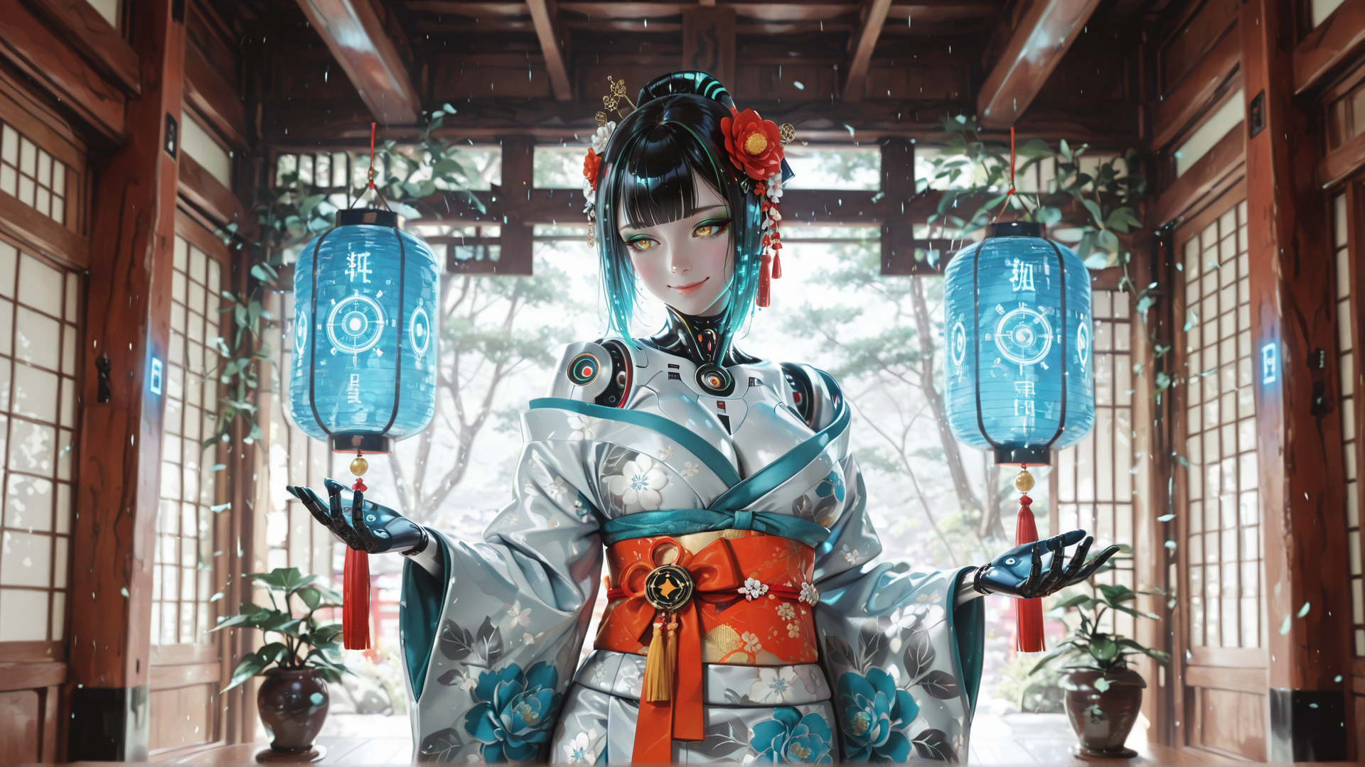 AI generated wallpaper featuring robot, woman, lantern, kimono, garden, cherry blossom, sakura, traditional, cyberpunk, anime