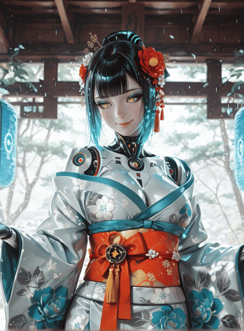 robot, woman, lantern, kimono, garden, cherry blossom, sakura, traditional, cyberpunk, anime