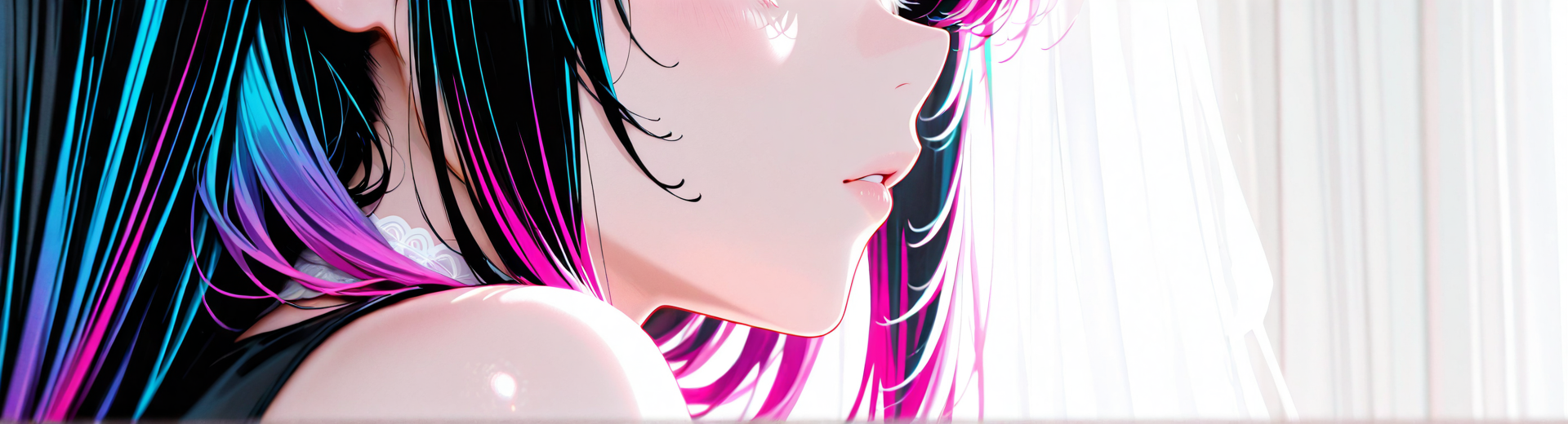 AI generated wallpaper featuring girl, hair, shoulder, window