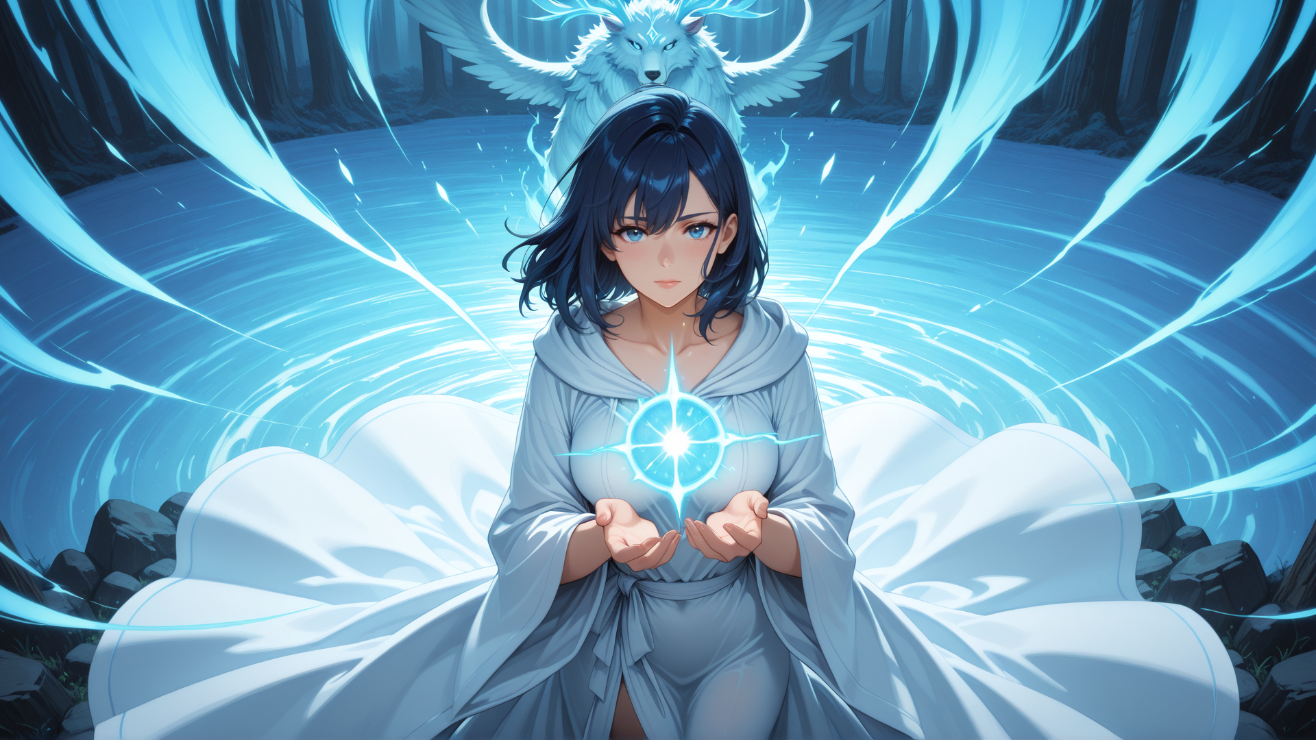 AI generated wallpaper featuring girl, wolf, energy, light, nature