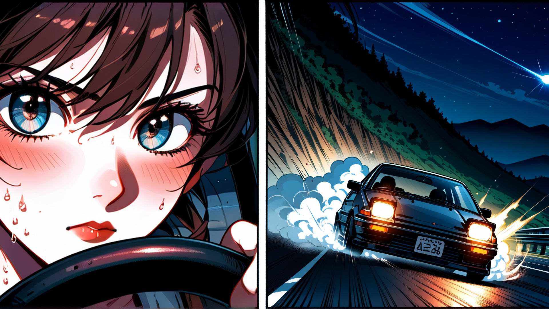 AI generated wallpaper featuring girl, car, steering wheel, road, mountains, stars, license plate, tears, sky, trees