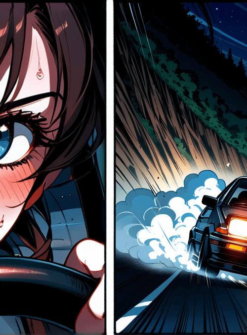 girl, car, steering wheel, road, mountains, stars, license plate, tears, sky, trees