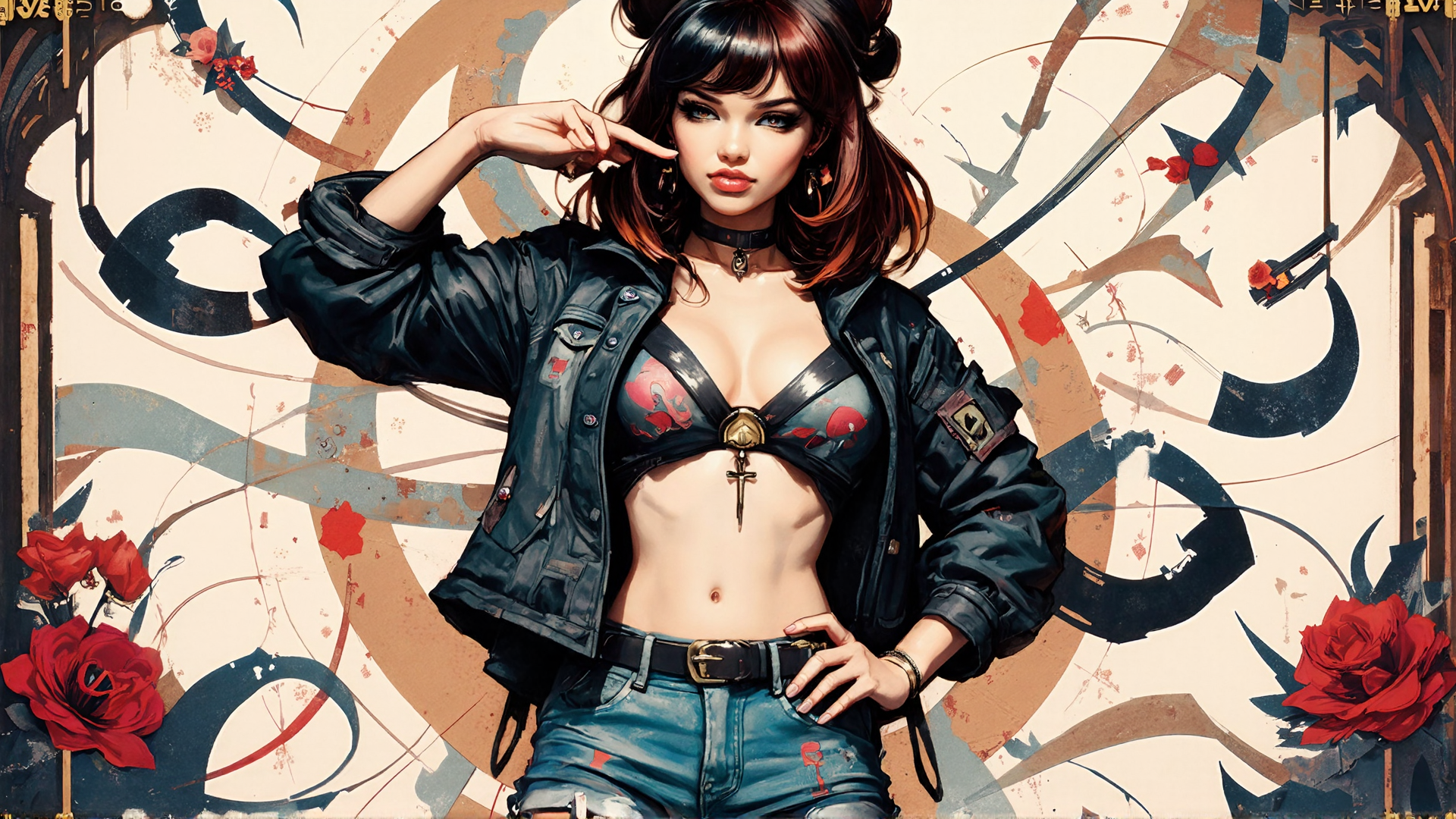 AI generated wallpaper featuring woman, biker, model, jacket, jeans, roses, choker, cross, tattoo, gloves