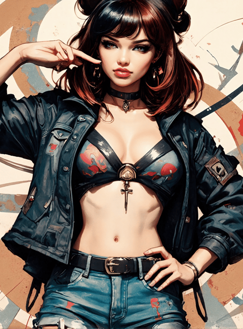 woman, biker, model, jacket, jeans, roses, choker, cross, tattoo, gloves