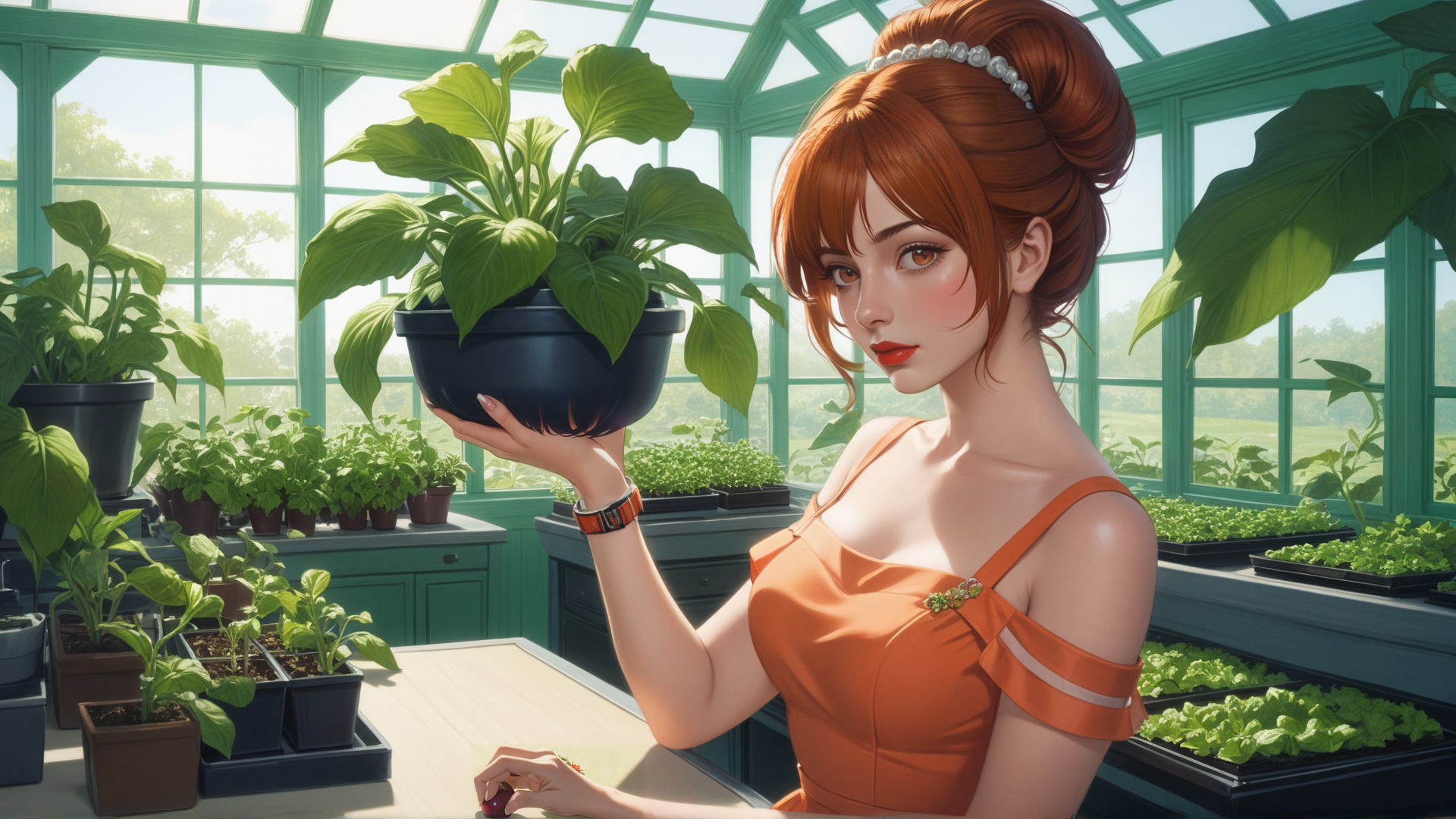 AI generated wallpaper featuring woman, plants, greenhouse