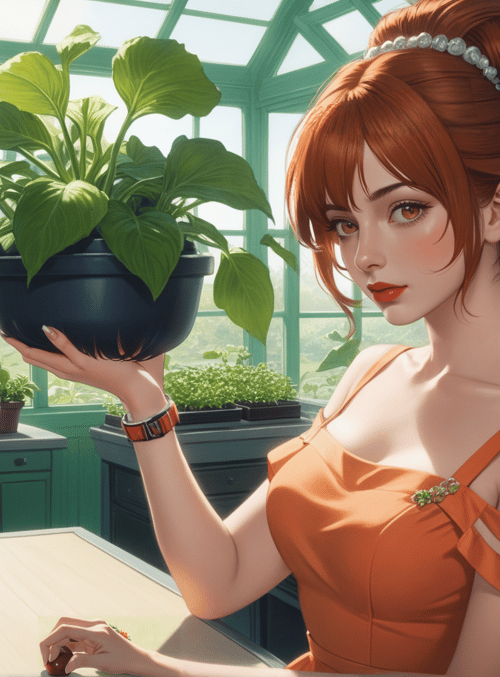 woman, plants, greenhouse