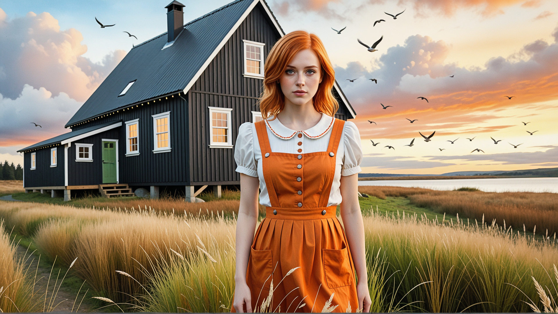 AI generated wallpaper featuring woman, house, grass, birds, sunset
