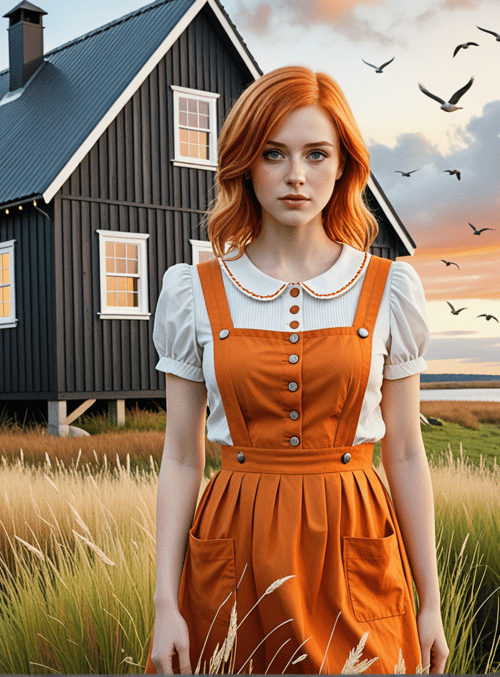 woman, house, grass, birds, sunset