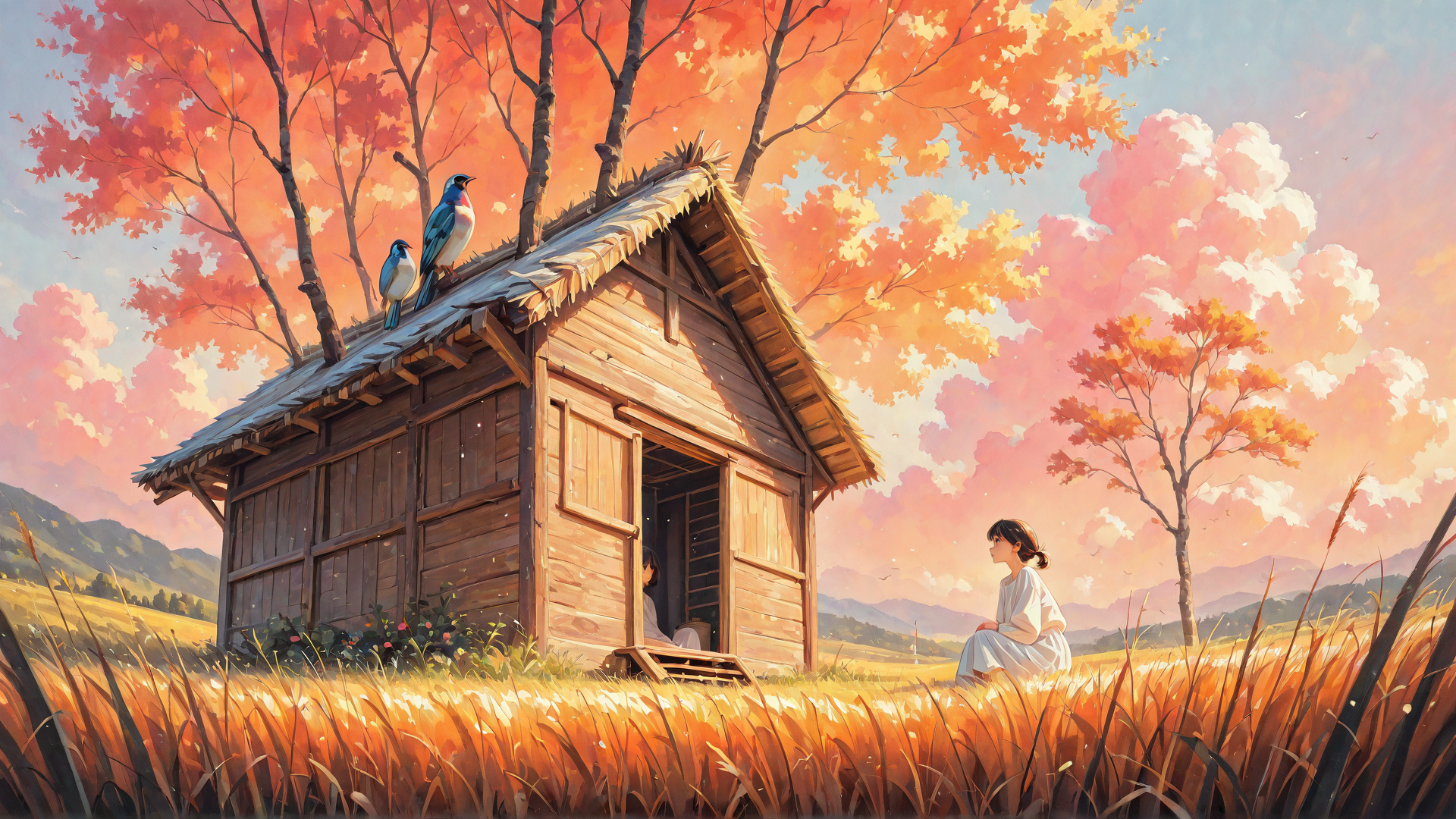 AI generated wallpaper featuring house, girl, birds