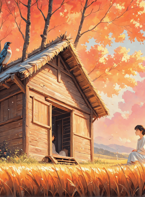 house, girl, birds