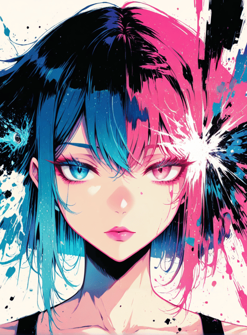 anime, girl, hair, splash, artwork, portrait