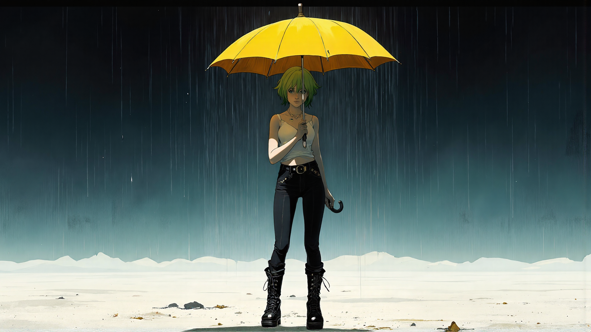 AI generated wallpaper featuring woman, umbrella, rain, desert, sand, boot, jeans, choker, green hair, chain