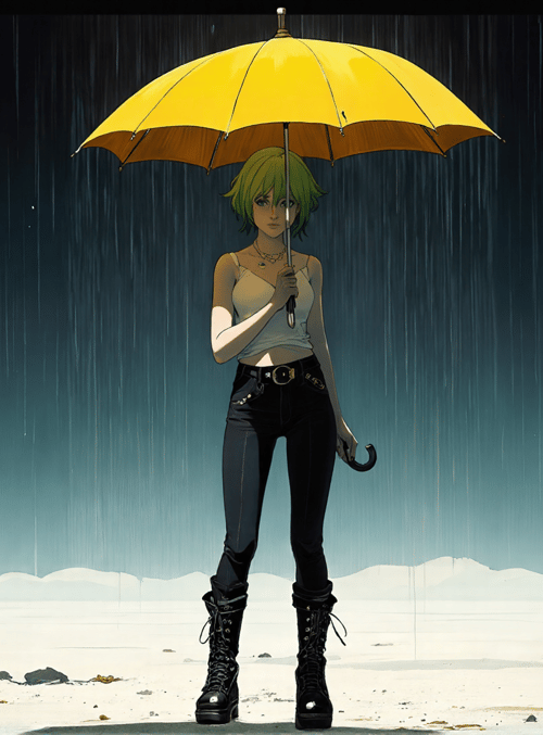 woman, umbrella, rain, desert, sand, boot, jeans, choker, green hair, chain