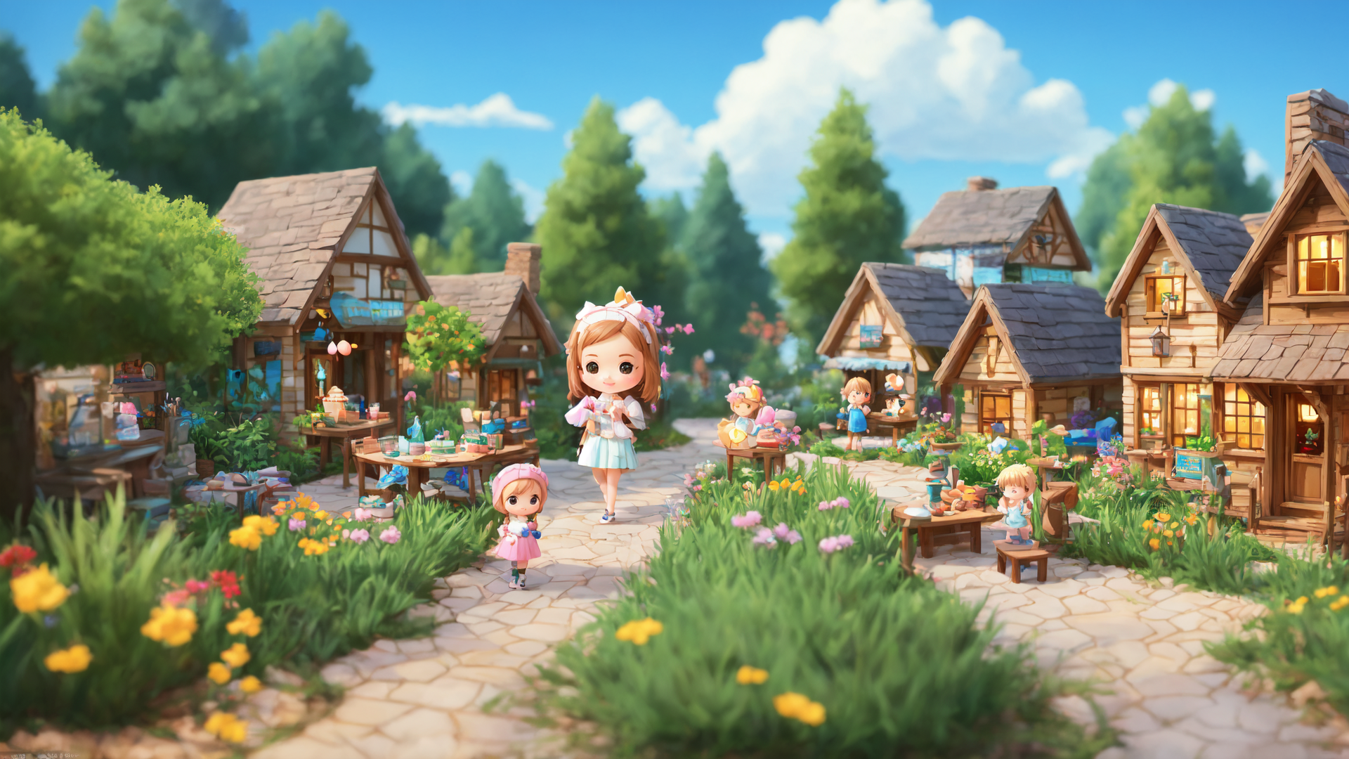 AI generated wallpaper featuring girl, houses, flowers, trees, path, child, garden, table, cart, toy