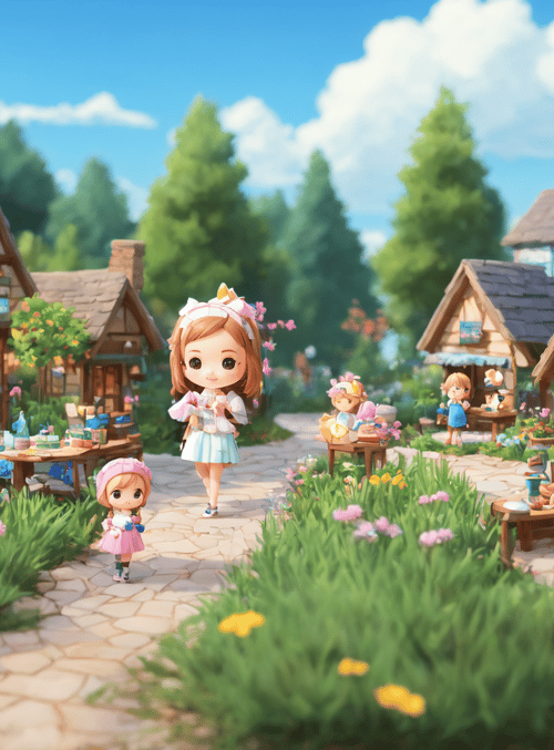 girl, houses, flowers, trees, path, child, garden, table, cart, toy