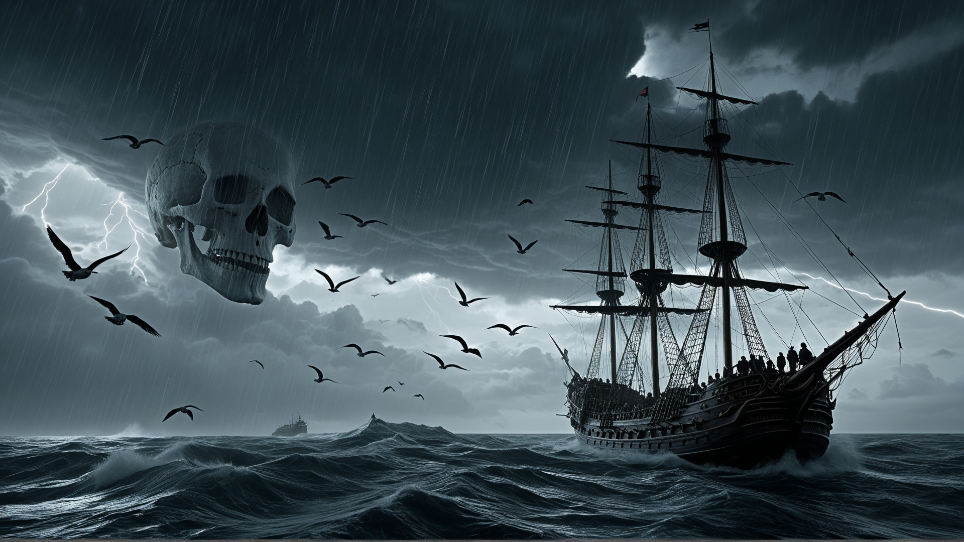 AI generated wallpaper featuring ship, skull, seagulls