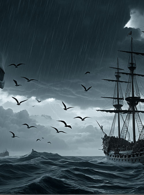 ship, skull, seagulls