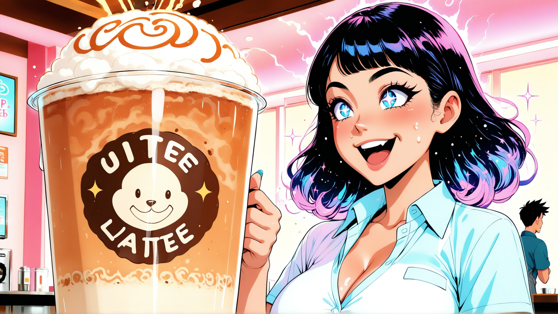AI generated wallpaper featuring woman, latte, cafe, cup, coffee, boba, anime