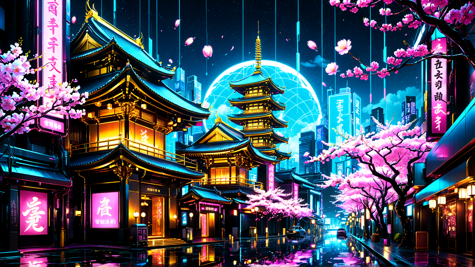 AI generated wallpaper featuring cherry blossoms, pagoda, neon signs, cityscape, street, buildings, moon, blossom trees, sakura, digital art