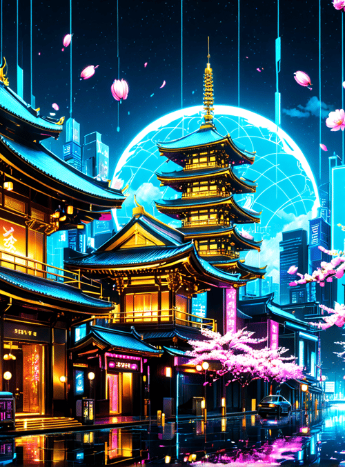 cherry blossoms, pagoda, neon signs, cityscape, street, buildings, moon, blossom trees, sakura, digital art