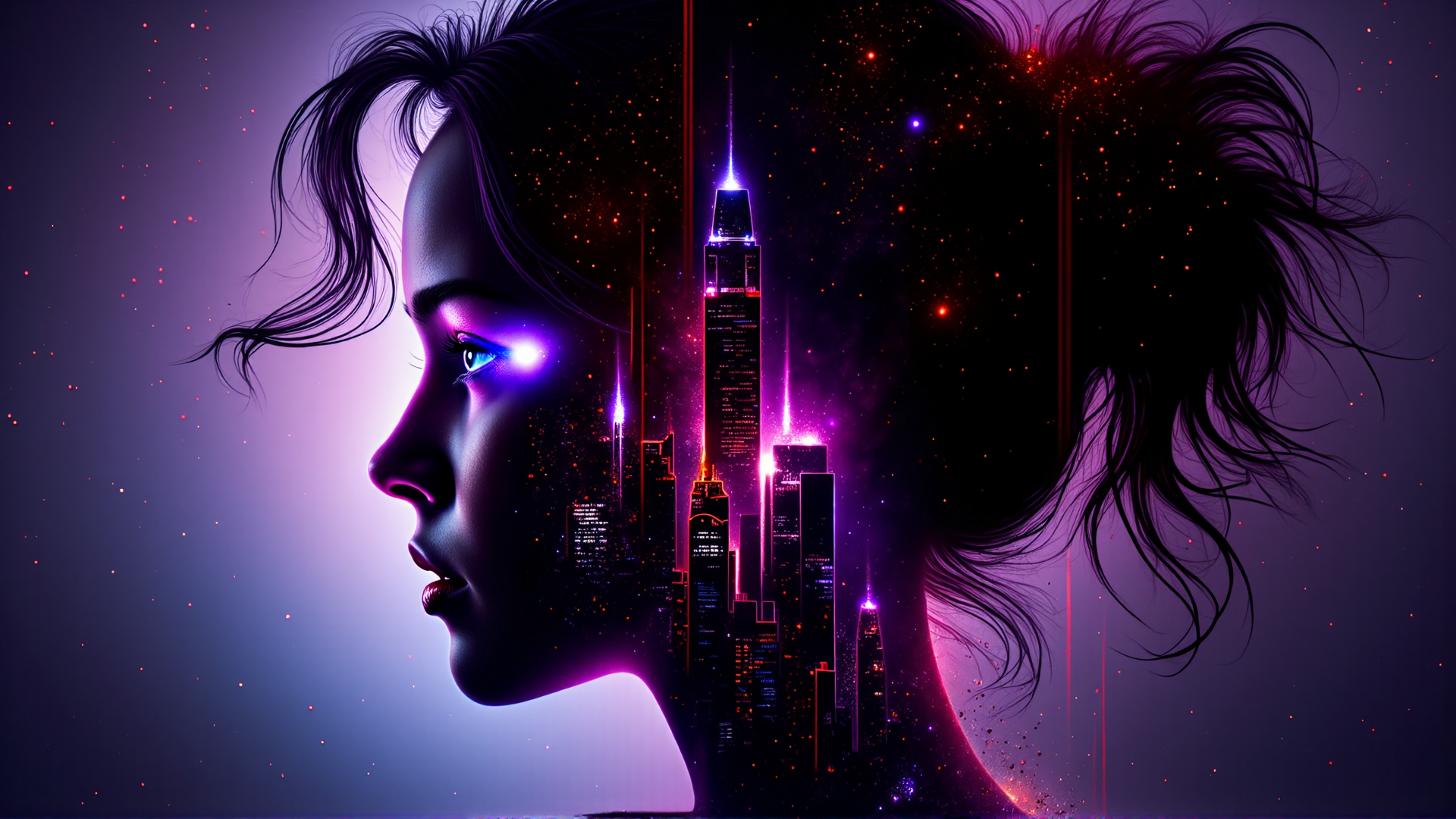 AI generated wallpaper featuring woman, cityscape, silhouette