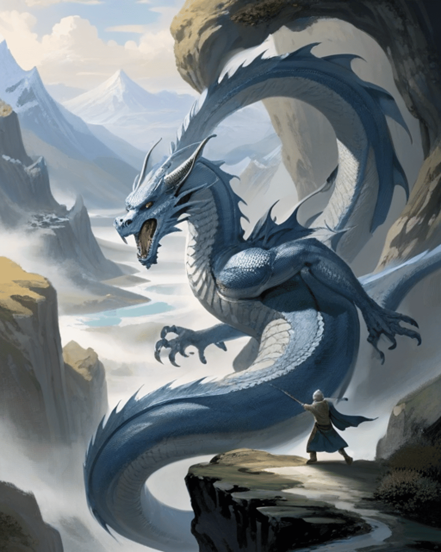 AI generated wallpaper featuring dragon, person, mountain, cloud, river, rock, fist, tail, cliff, spear