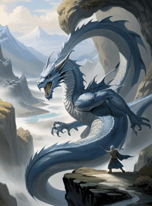 dragon, person, mountain, cloud, river, rock, fist, tail, cliff, spear