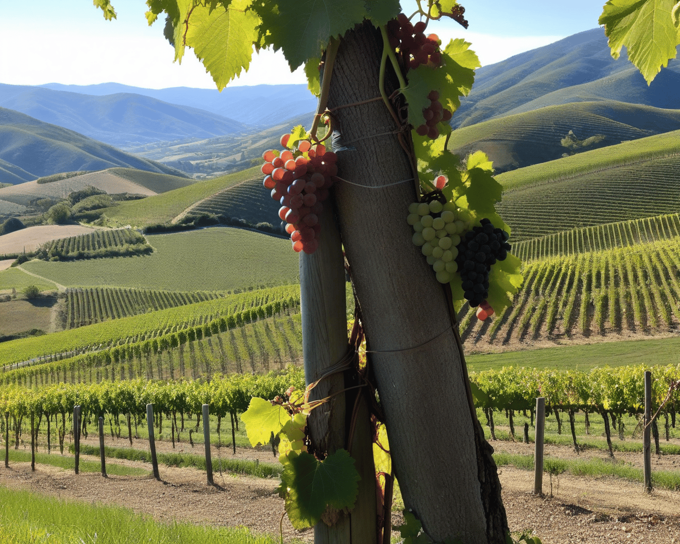 AI generated wallpaper featuring grapes, vineyard, mountains